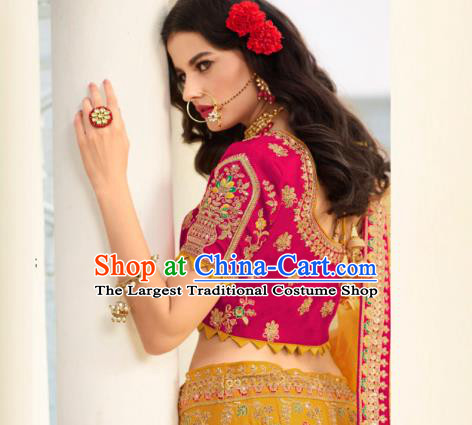 Asian India National Embroidered Lehenga Costumes Asia Indian Bride Traditional Rosy Satin Blouse and Mustard Skirt Sari for Women
