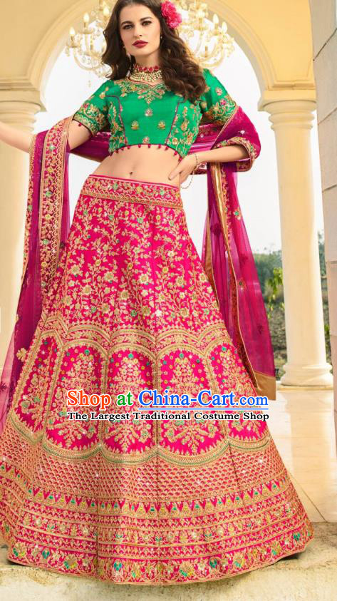 Asian India National Embroidered Lehenga Costumes Asia Indian Bride Traditional Green Satin Blouse and Magenta Skirt Sari for Women