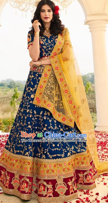 Asian India National Embroidered Lehenga Costumes Asia Indian Bride Traditional Navy Blue Satin Blouse and Skirt Sari for Women