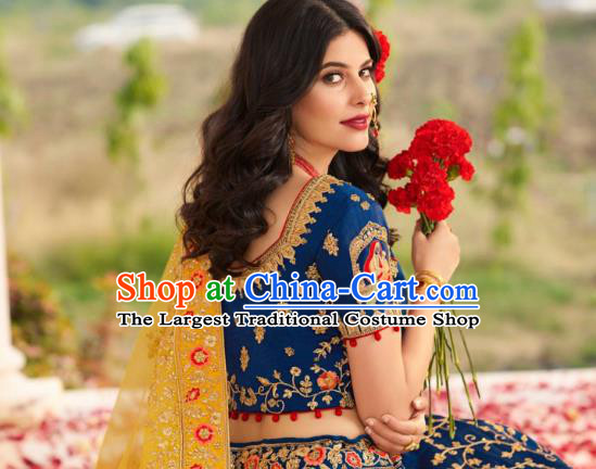 Asian India National Embroidered Lehenga Costumes Asia Indian Bride Traditional Navy Blue Satin Blouse and Skirt Sari for Women