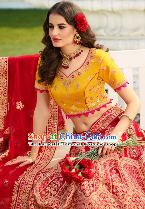Asian India National Embroidered Lehenga Costumes Asia Indian Bride Traditional Yellow Satin Blouse and Red Skirt Sari for Women