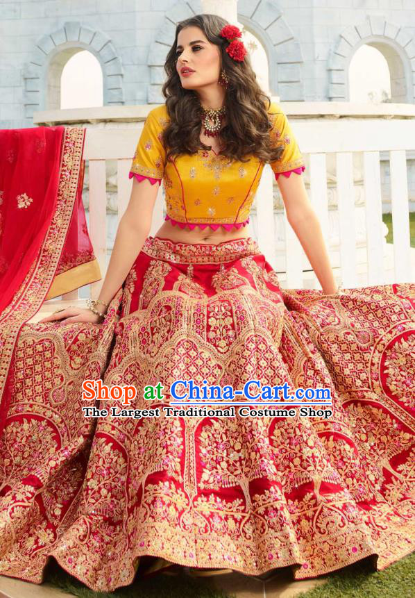 Asian India National Embroidered Lehenga Costumes Asia Indian Bride Traditional Yellow Satin Blouse and Red Skirt Sari for Women