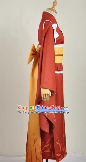 Traditional Japanese Purplish Red Yukata Dress Costumes Japan Geisha Kimono and Belt Complete Set for Women