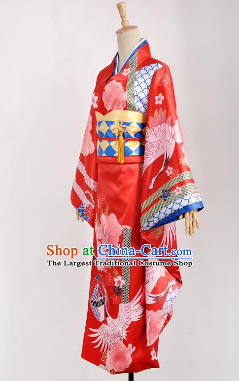 Traditional Japanese Printing Crane Red Yukata Dress Costumes Japan Geisha Silk Furisode Kimono and Belt Complete Set for Women