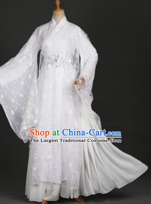 Traditional Chinese Cosplay Goddess Princess White Hanfu Dress Costumes Ancient Female Swordsman Clothing Heroine Apparel for Women