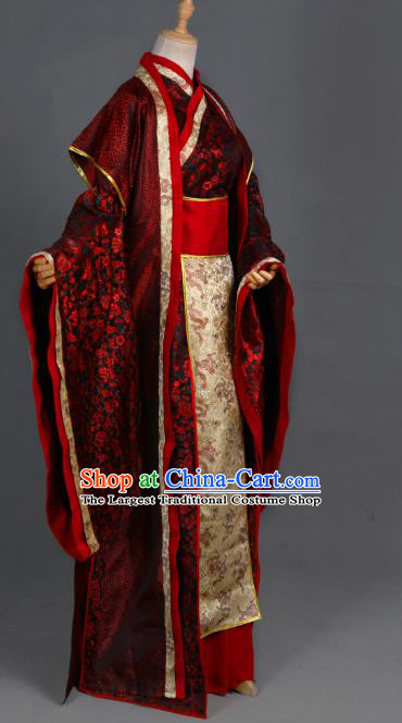 Traditional Chinese Cosplay Swordsman Wei Wuxian Wedding Costume Ancient Chivalrous Knight Garment Crown Prince Dark Red Clothing for Men