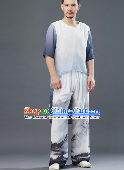 Chinese National Printing White Chiffon Pants Traditional Tang Suit Costume Loose Trousers for Men