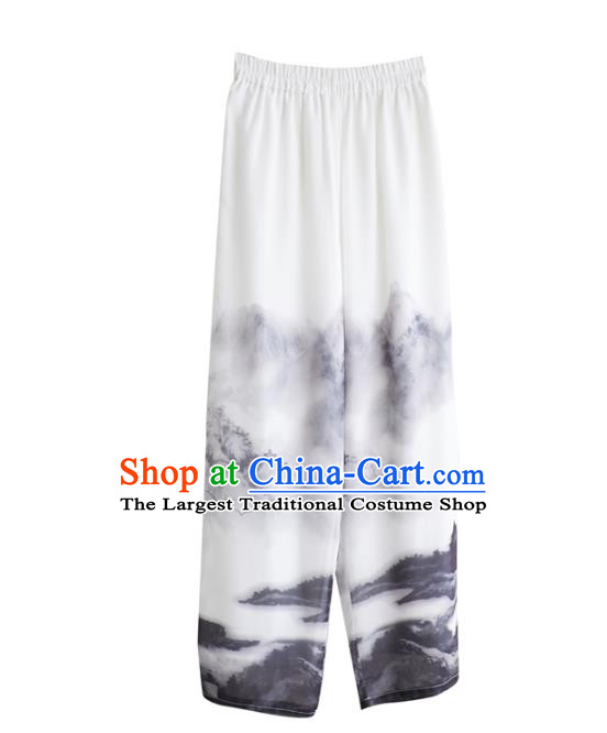 Chinese National Printing White Chiffon Pants Traditional Tang Suit Costume Loose Trousers for Men