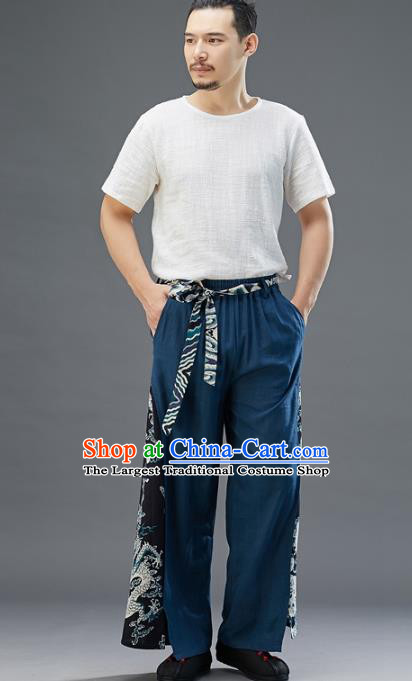 Chinese National Navy Flax Pants Traditional Tang Suit Costume Printing Dragon Linen Loose Trousers for Men