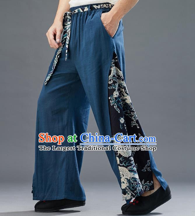 Chinese National Printing White Chiffon Pants Traditional Tang Suit Costume Loose Trousers for Men