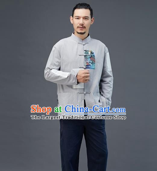 Chinese National Men Grey Linen Shirt Traditional Tang Suit Costume Upper Outer Garment Overshirt