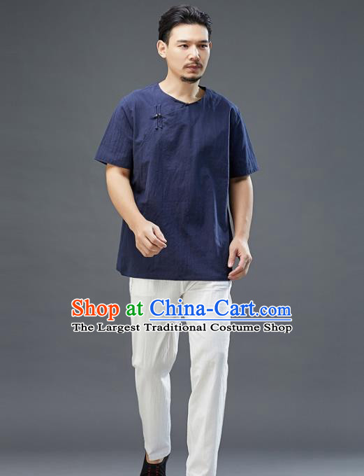 Chinese National Navy Linen Short Sleeve Shirt Traditional Tang Suit Upper Outer Garment Costume for Men