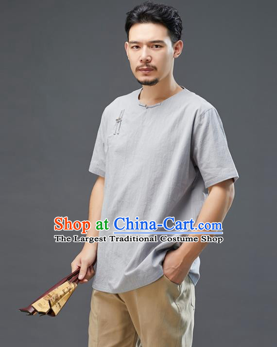 Chinese National Grey Linen Short Sleeve Shirt Traditional Tang Suit Upper Outer Garment Costume for Men