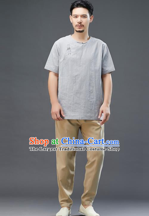 Chinese National Grey Linen Short Sleeve Shirt Traditional Tang Suit Upper Outer Garment Costume for Men