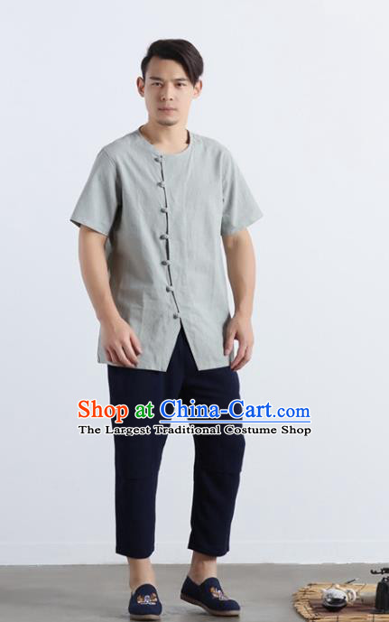 Chinese National Light Grey Flax Frog Buttons Shirt Traditional Tang Suit Short Sleeve Upper Outer Garment Costume for Men