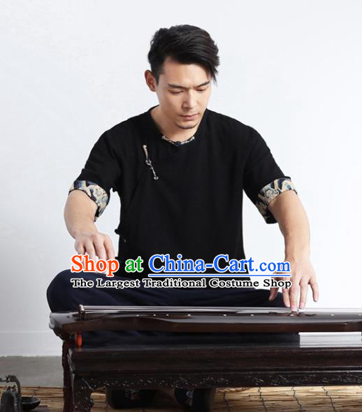 Chinese National Black Flax Shirt Traditional Tang Suit Short Sleeve Upper Outer Garment Frog Buttons Costume for Men