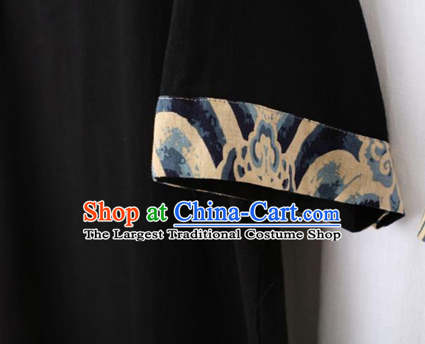 Chinese National Black Flax Shirt Traditional Tang Suit Short Sleeve Upper Outer Garment Frog Buttons Costume for Men