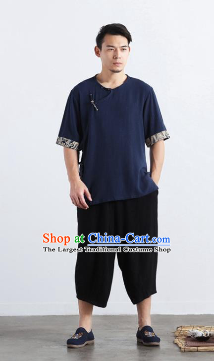Chinese National Navy Flax Shirt Traditional Tang Suit Short Sleeve Upper Outer Garment Frog Buttons Costume for Men