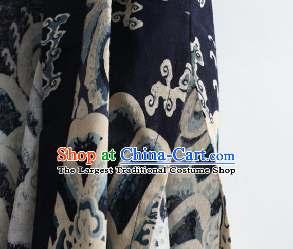 Chinese National Printing Dragon Navy Flax Cardigan Traditional Tang Suit Outer Garment Jacket Costume for Men