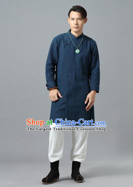 Chinese National Navy Flax Coat Traditional Tang Suit Outer Garment Overcoat Costume for Men