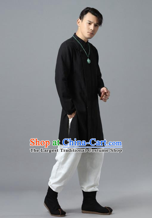 Chinese National Black Flax Coat Traditional Tang Suit Outer Garment Overcoat Costume for Men