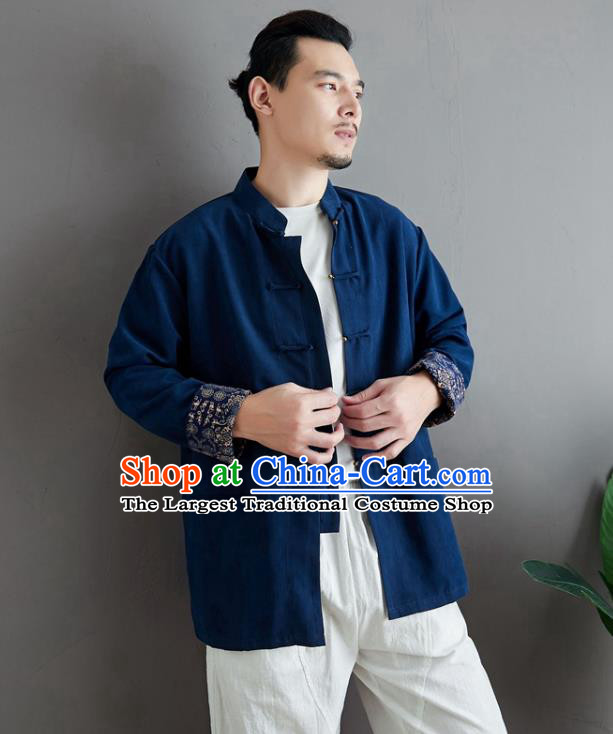 Chinese National Navy Linen Coat Traditional Tang Suit Upper Outer Garment Jacket Costume for Men