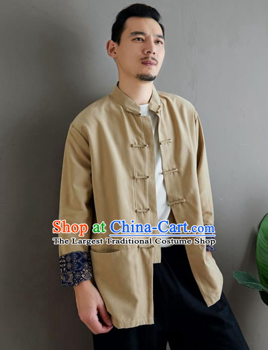 Chinese National Beige Linen Coat Traditional Tang Suit Upper Outer Garment Jacket Costume for Men