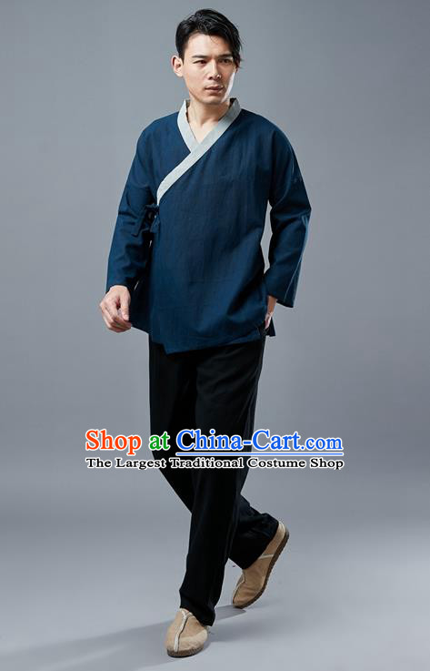 Chinese National Navy Linen Shirt Traditional Tang Suit Upper Outer Garment Slant Opening Costume for Men