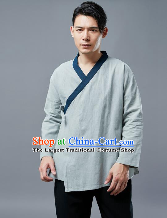 Chinese National Light Green Linen Shirt Traditional Tang Suit Upper Outer Garment Slant Opening Costume for Men