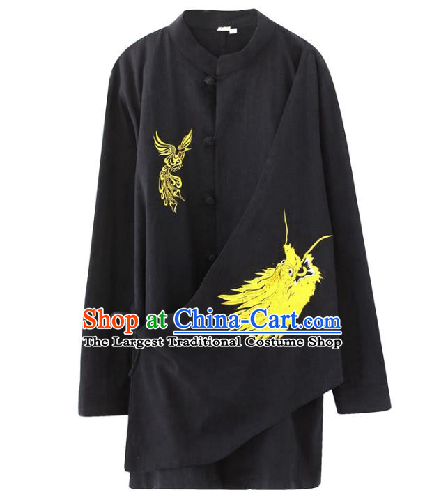 Chinese National Embroidered Black Shirt Traditional Tang Suit Upper Outer Garment Flax Costume for Men