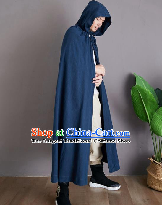 Chinese National Embroidered Dragon Navy Flax Cape Traditional Tang Suit Outer Garment Coat Costume Hooded Cloak for Men
