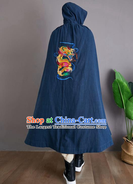 Chinese National Embroidered Dragon Navy Flax Cape Traditional Tang Suit Outer Garment Coat Costume Hooded Cloak for Men