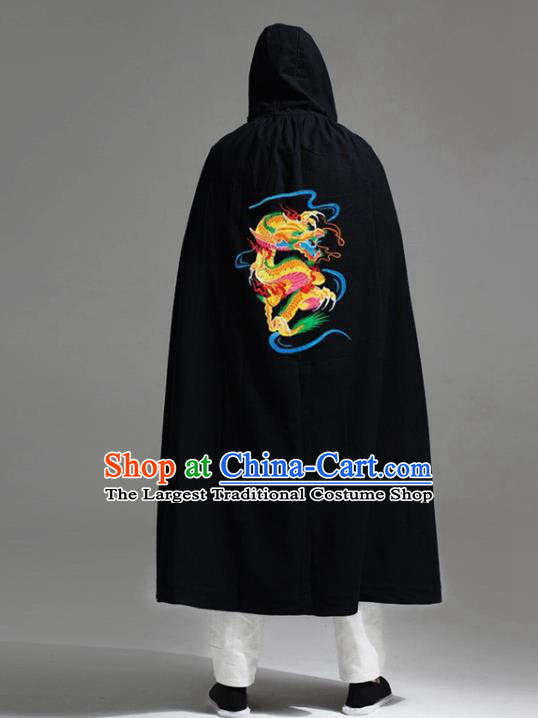 Chinese National Embroidered Dragon Black Flax Cape Traditional Tang Suit Outer Garment Coat Costume Hooded Cloak for Men
