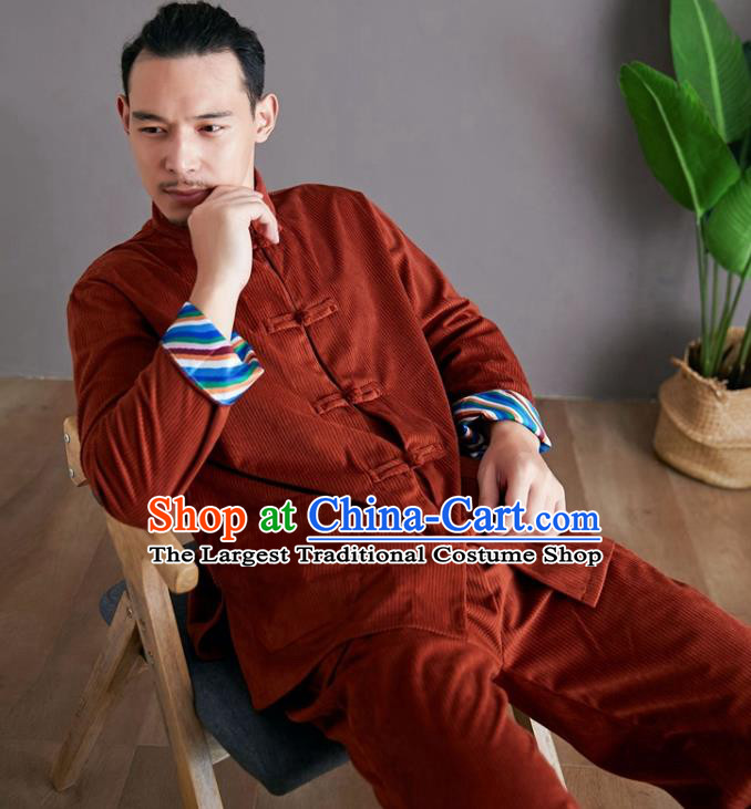 Chinese National Red Corduroy Shirt and Pants Traditional Tang Suit Costume Martial Arts Clothing for Men