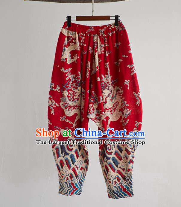 Chinese National Printing Dragons Red Flax Pants Traditional Tang Suit Costume Printing Dragon Bloomers Trousers for Men