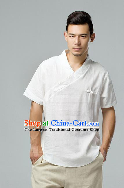 Chinese National White Flax Slant Opening Shirt Traditional Tang Suit Short Sleeve Upper Outer Garment Costume for Men
