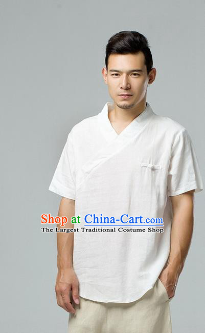 Chinese National White Flax Slant Opening Shirt Traditional Tang Suit Short Sleeve Upper Outer Garment Costume for Men