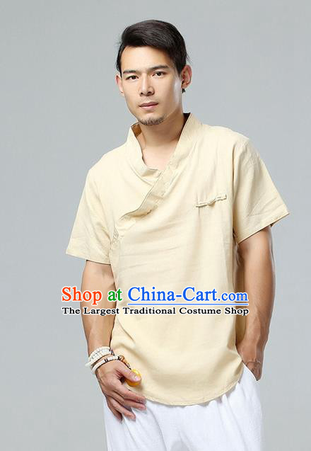 Chinese National Beige Flax Slant Opening Shirt Traditional Tang Suit Short Sleeve Upper Outer Garment Costume for Men