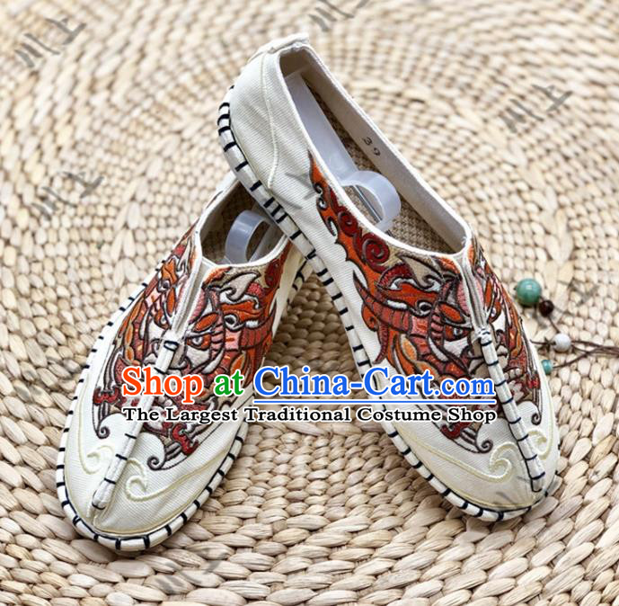 Chinese Traditional National Beige Cloth Shoes Martial Arts Shoes Men Shoes Handmade Multi Layered Shoes Embroidered Shoes