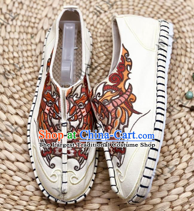 Chinese Traditional National Beige Cloth Shoes Martial Arts Shoes Men Shoes Handmade Multi Layered Shoes Embroidered Shoes