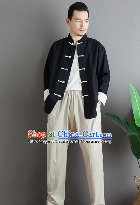 Chinese National Sun Yat Sen Black Flax Jacket Traditional Tang Suit Outer Garment Coat Costume for Men