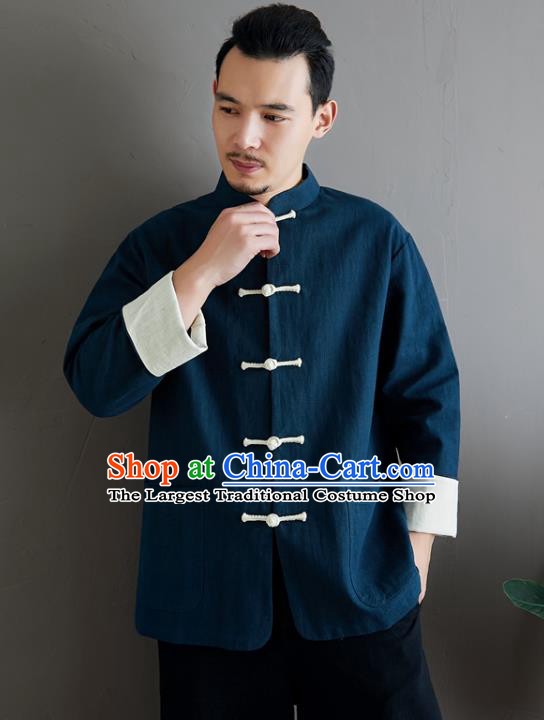 Chinese National Sun Yat Sen Blue Flax Jacket Traditional Tang Suit Outer Garment Coat Costume for Men