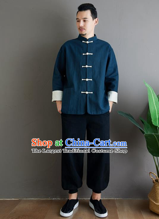 Chinese National Sun Yat Sen Blue Flax Jacket Traditional Tang Suit Outer Garment Coat Costume for Men