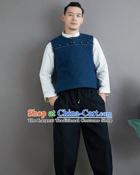 Chinese National Blue Ramine Vest Traditional Tang Suit Upper Outer Garment Waistcoat Costume for Men