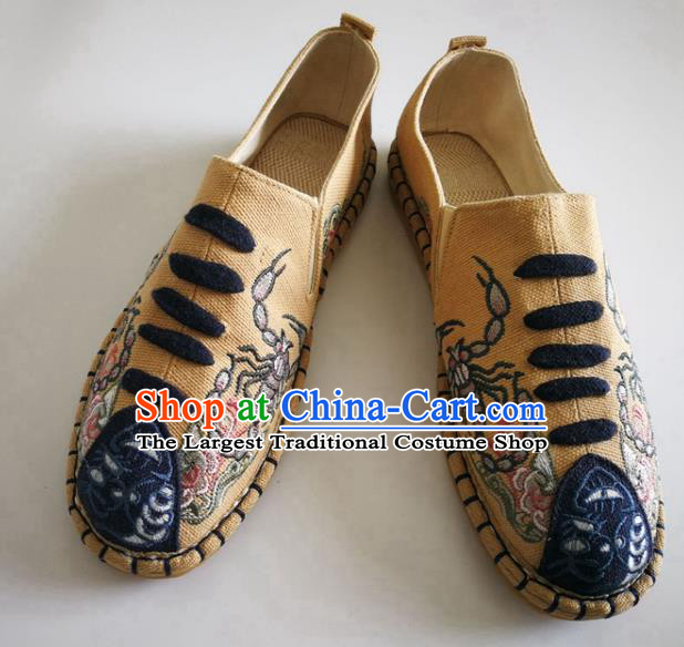 Chinese Traditional National Embroidered Khaki Flax Shoes Martial Arts Shoes Men Shoes Handmade Shoes