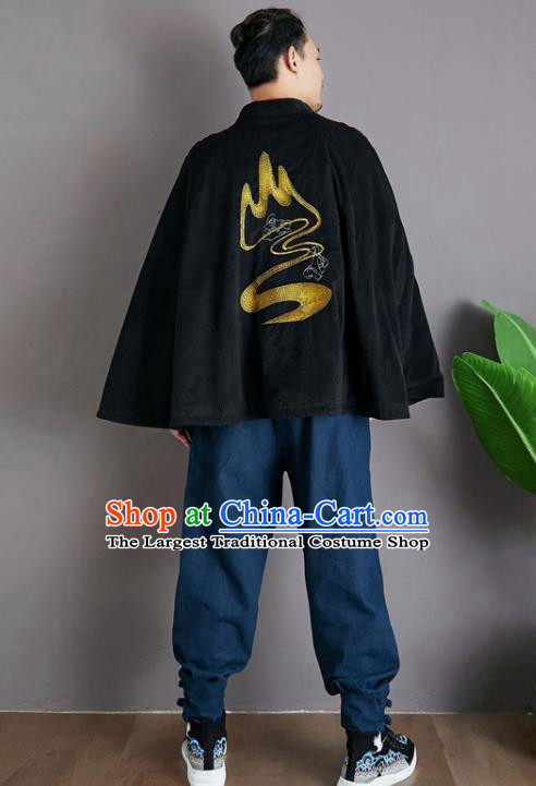 Chinese National Embroidered Black Cloak Traditional Tang Suit Outer Garment Corduroy Coat Costume for Men