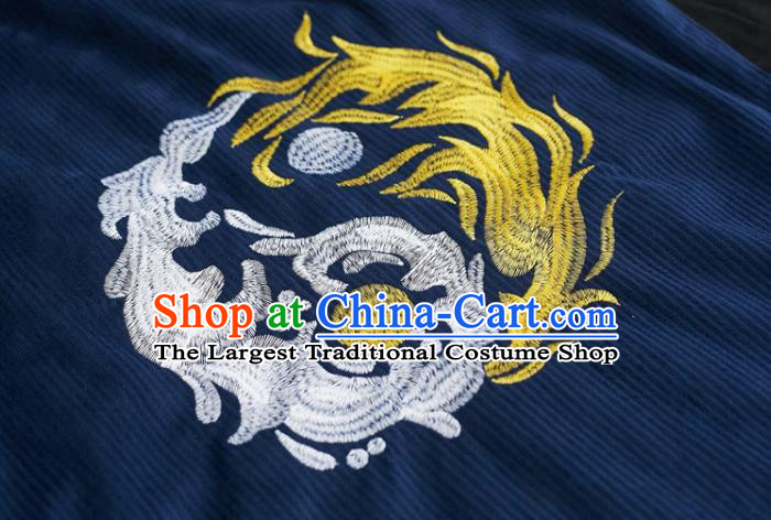 Chinese National Embroidered Royalblue Cloak Traditional Tang Suit Outer Garment Corduroy Coat Costume for Men