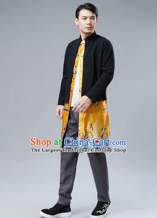 Chinese National Yellow Satin Coat Traditional Tang Suit Outer Garment Overcoat Costume for Men