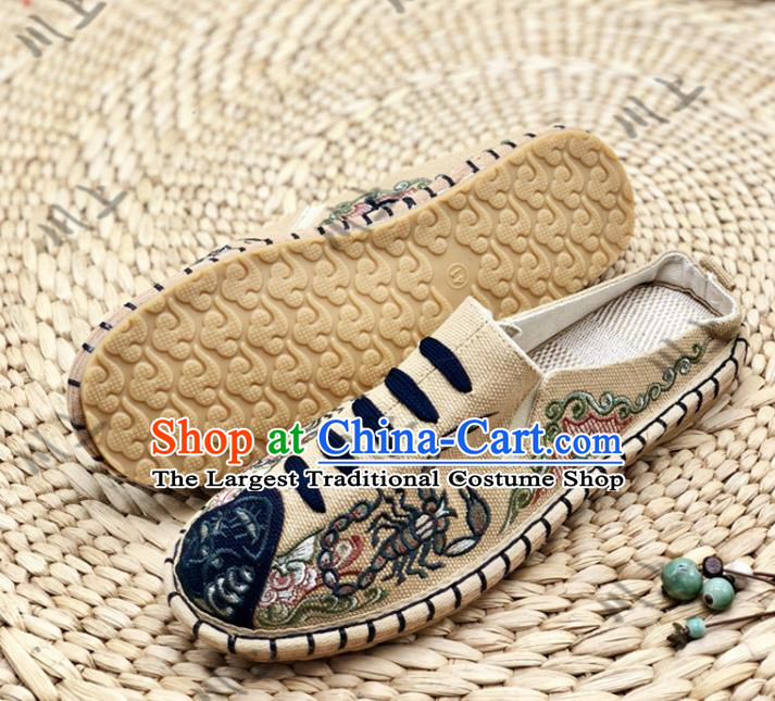 Chinese Traditional National Khaki Flax Shoes Martial Arts Shoes Men Shoes Handmade Shoes Embroidered Slippers