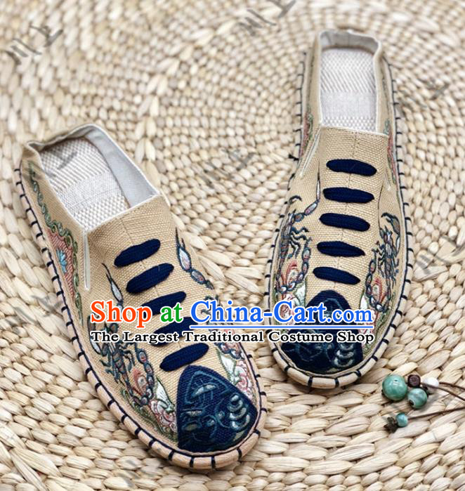 Chinese Traditional National Khaki Flax Shoes Martial Arts Shoes Men Shoes Handmade Shoes Embroidered Slippers